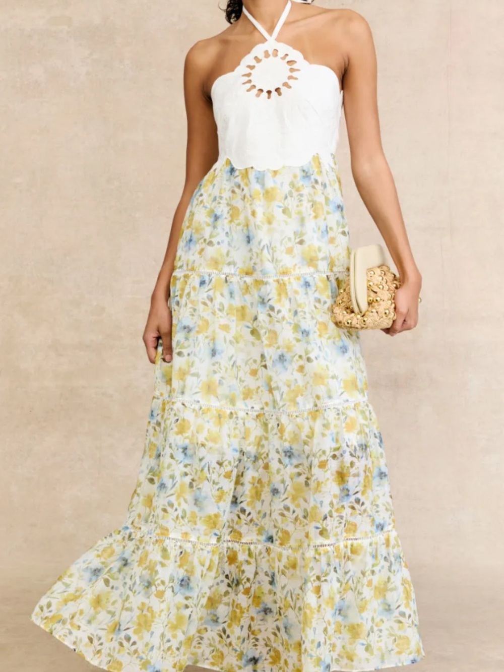 Sunlit Floral Tiered Maxi Dress - White & Yellow - Picture 1 of 12